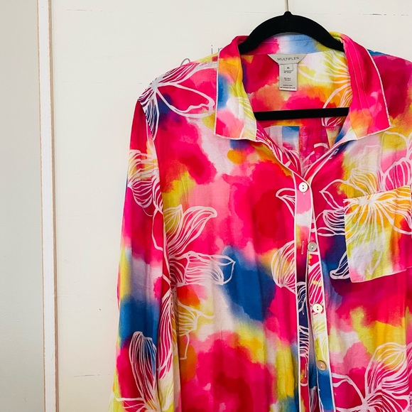 MULTIPLES Bright Colored Lightweight Floral Button Front Blouse Pink Blue XL - Picture 5 of 10